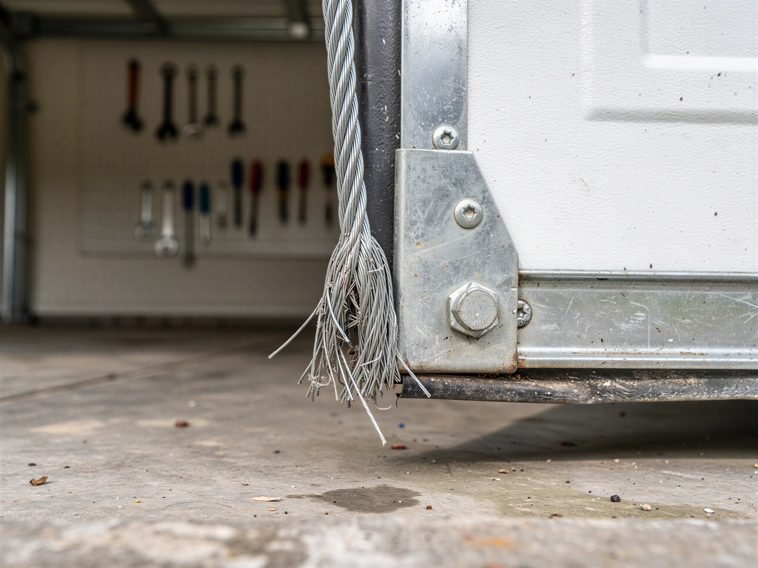A frayed garage door cable hangs next to a white garage door panel.