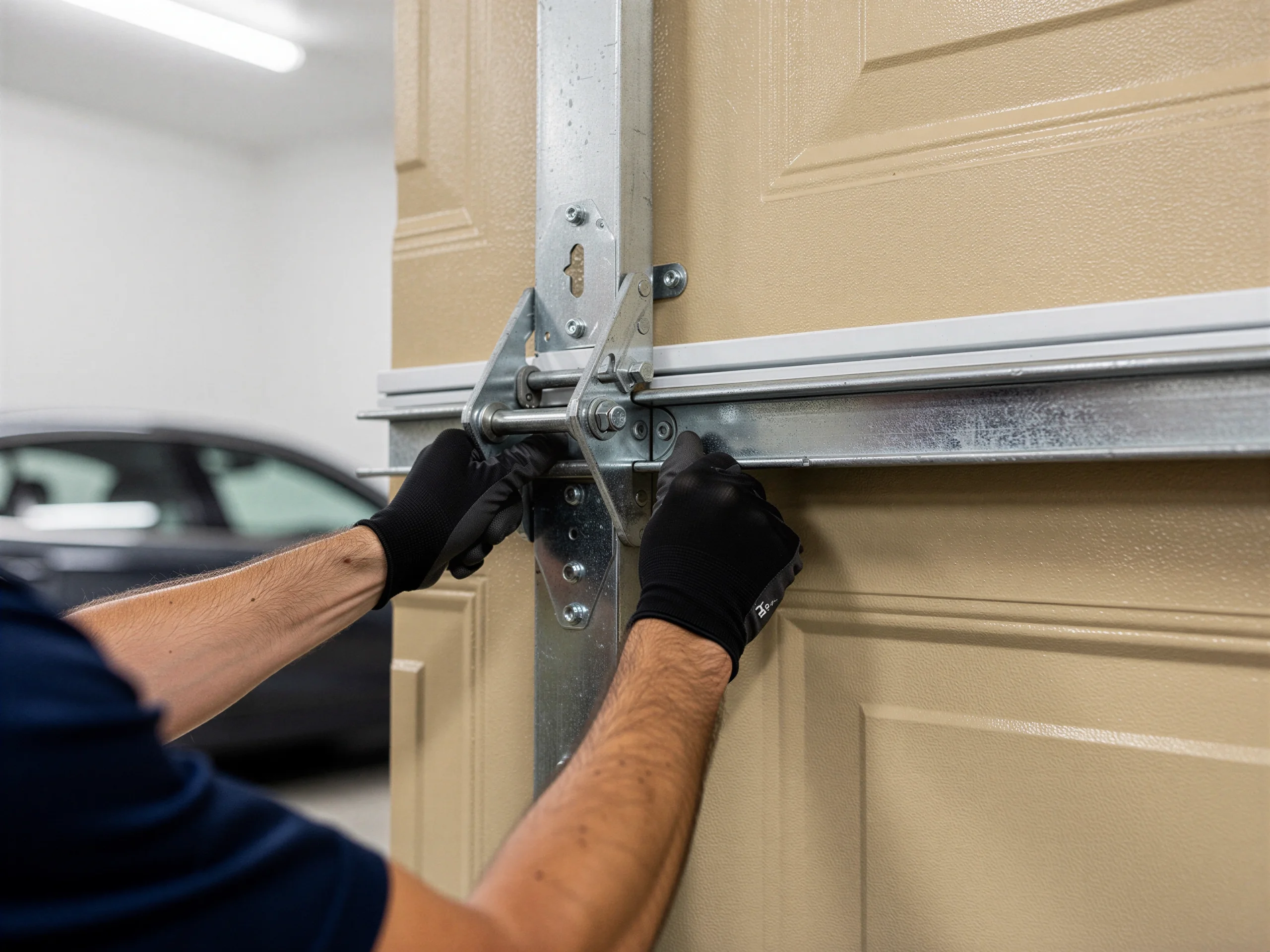 A technician in black gloves adjusts a metal garage door hinge.