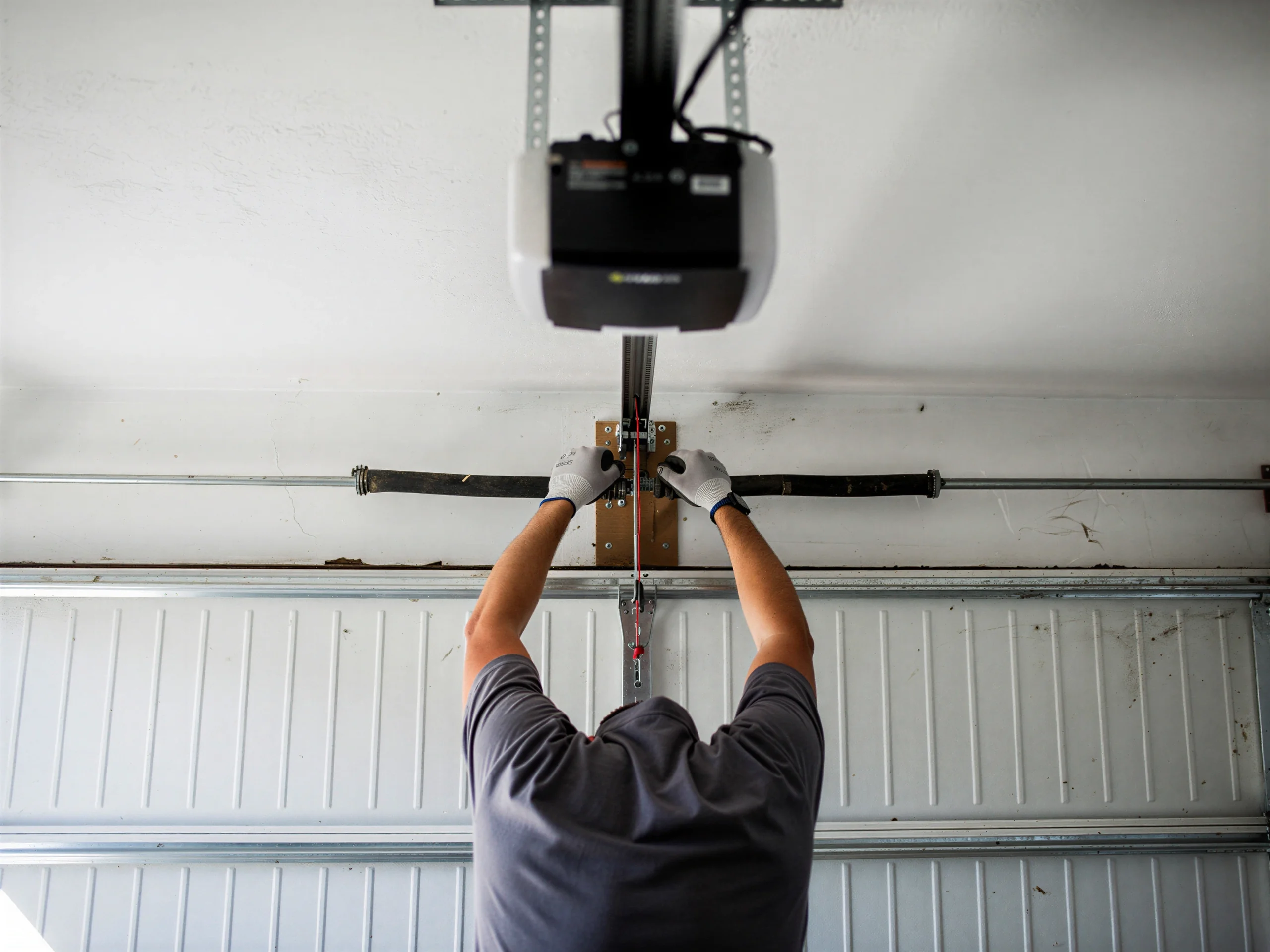 A technician adjusts a torsion spring above a white garage door.